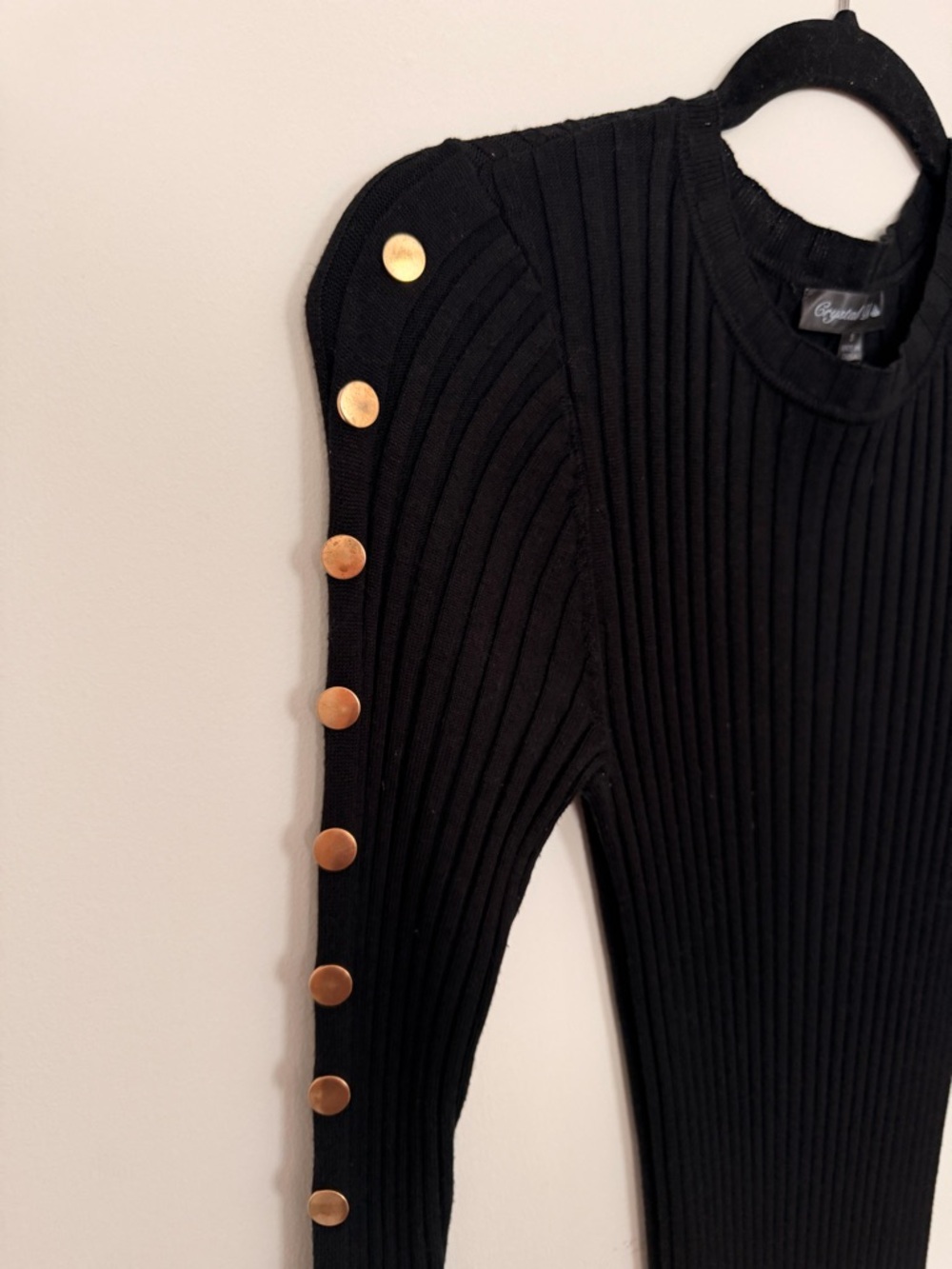 Black Ribbed Midi Dress with Gold Button Details Along Sleeves